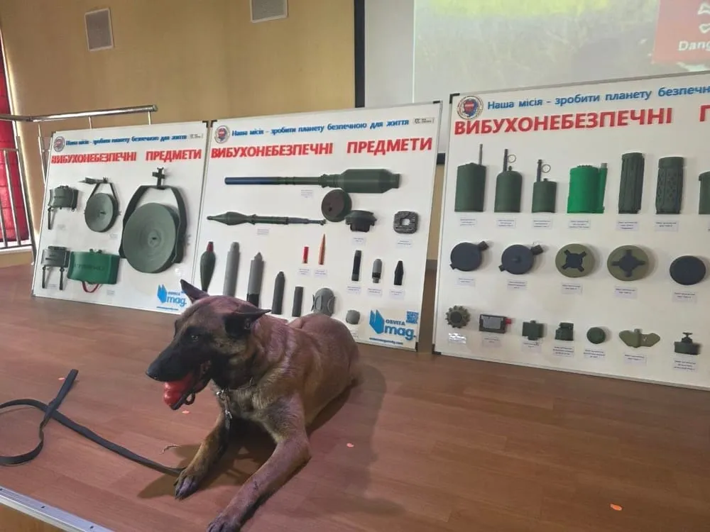 Школярі в залі слухають заняття з мінної безпеки, на сцені стенди з макетами вибухонебезпечних предметів